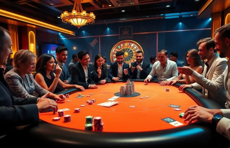 Intense poker game at mb66.nyc casino with vibrant colors and enthusiastic players.