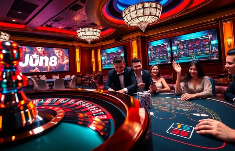 Players enjoying exhilarating games at Jun88 casino, featuring vibrant tables and excitement.