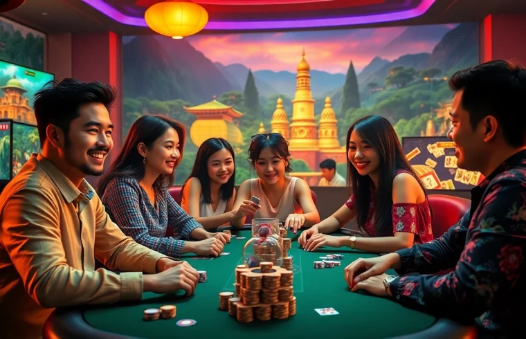 Experience the excitement of online gaming at gamebaidoithuong.com.vc, featuring popular card games in a vibrant casino setting.