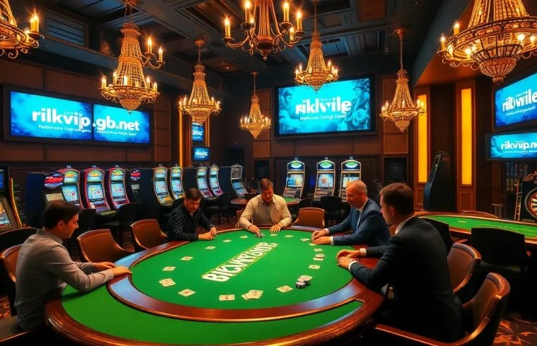 Poker action at rikvip.gb.net featuring a luxurious casino environment with vibrant slot machines.