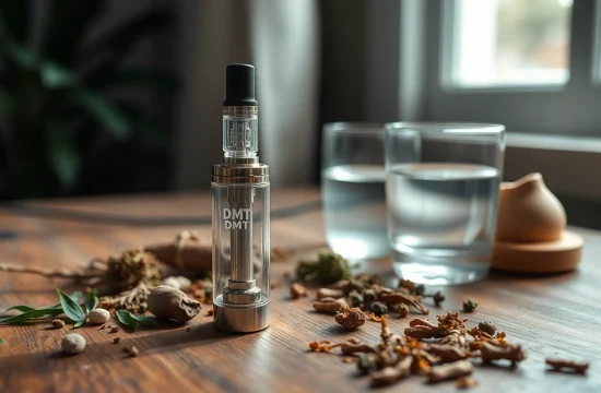 Buy DMT online with a sleek DMT cartridge and calming herbal elements on display.