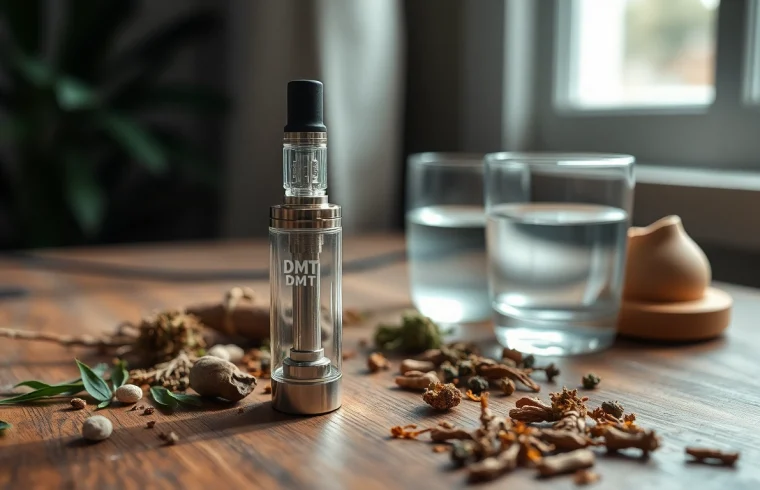 Buy DMT online with a sleek DMT cartridge and calming herbal elements on display.