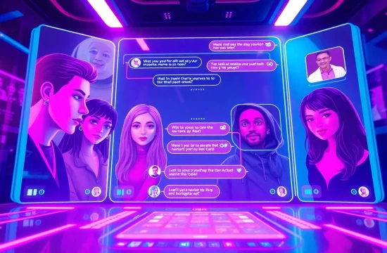 An engaging scene of a vibrant NSFW chat bot interface showcasing diverse character avatars in a futuristic environment.