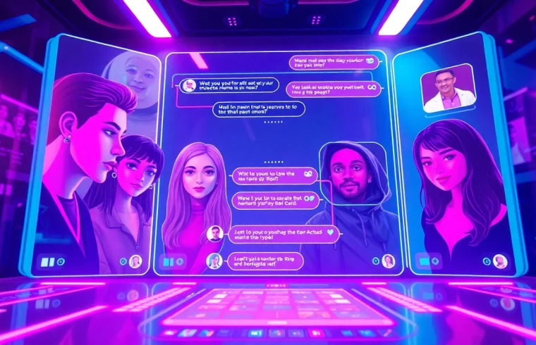 An engaging scene of a vibrant NSFW chat bot interface showcasing diverse character avatars in a futuristic environment.