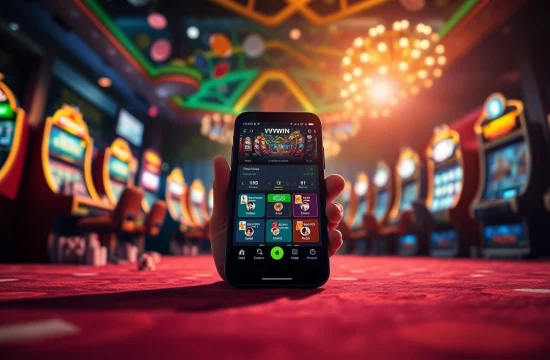 Experience VVVWIN88.live with our exciting app interface amidst a lively casino backdrop.