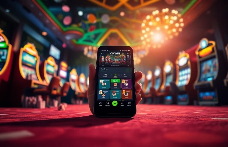 Experience VVVWIN88.live with our exciting app interface amidst a lively casino backdrop.