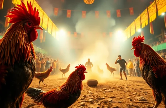 Experience the excitement of SV368 live chicken fighting with dramatic lighting and vibrant colors.