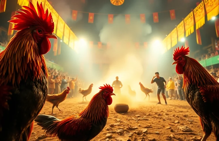 Experience the excitement of SV368 live chicken fighting with dramatic lighting and vibrant colors.