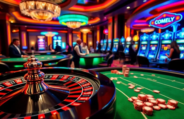 Experience high-stakes gaming excitement at dom88.us.com with luxurious casino tables and vibrant roulette wheels.