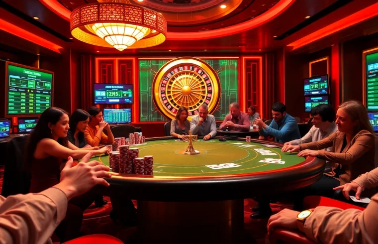 Engaged players strategizing at a luxury casino table at tr88, highlighting the thrill of gambling.